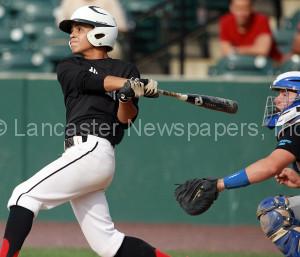 Lancaster's Jeffrey Acevedo smacks a two- run double during the third inning. (Chris Knight photo) 