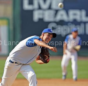 Cocalico pitcher Tyler Strickler (4) on the mound against Hempfield Black during 1st inning action of an LNP Tournament Midget Semifinal game at Clipper Magazine Stadium in Lancaster Friday July 24, 2015.(Photo/Chris Knight)