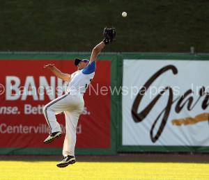Cocalico centerfielder Justin Burd (33) jumps for a fly ball by Hempfield Black's Mark Peterson (2) during 5th inning action of an LNP Tournament Midget Semifinal game at Clipper Magazine Stadium in Lancaster Friday July 24, 2015.(Photo/Chris Knight)