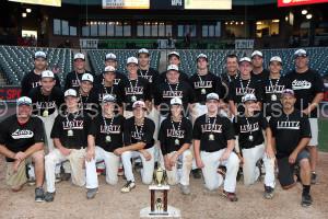 Lititz Oddfellows pose with the championship trophy, after defeating Cocalico in the LNP Tournament Midget Championship game at Clipper Magazine Stadium in Lancaster Sunday July 26, 2015.(Photo/Chris Knight)