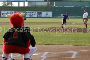 Manheim Township's Dylan King throw out the first pitch at Clipper Magazine Stadium in Lancaster on Tuesday, July 28, 2015. (Photo / Kirk Neidermyer)